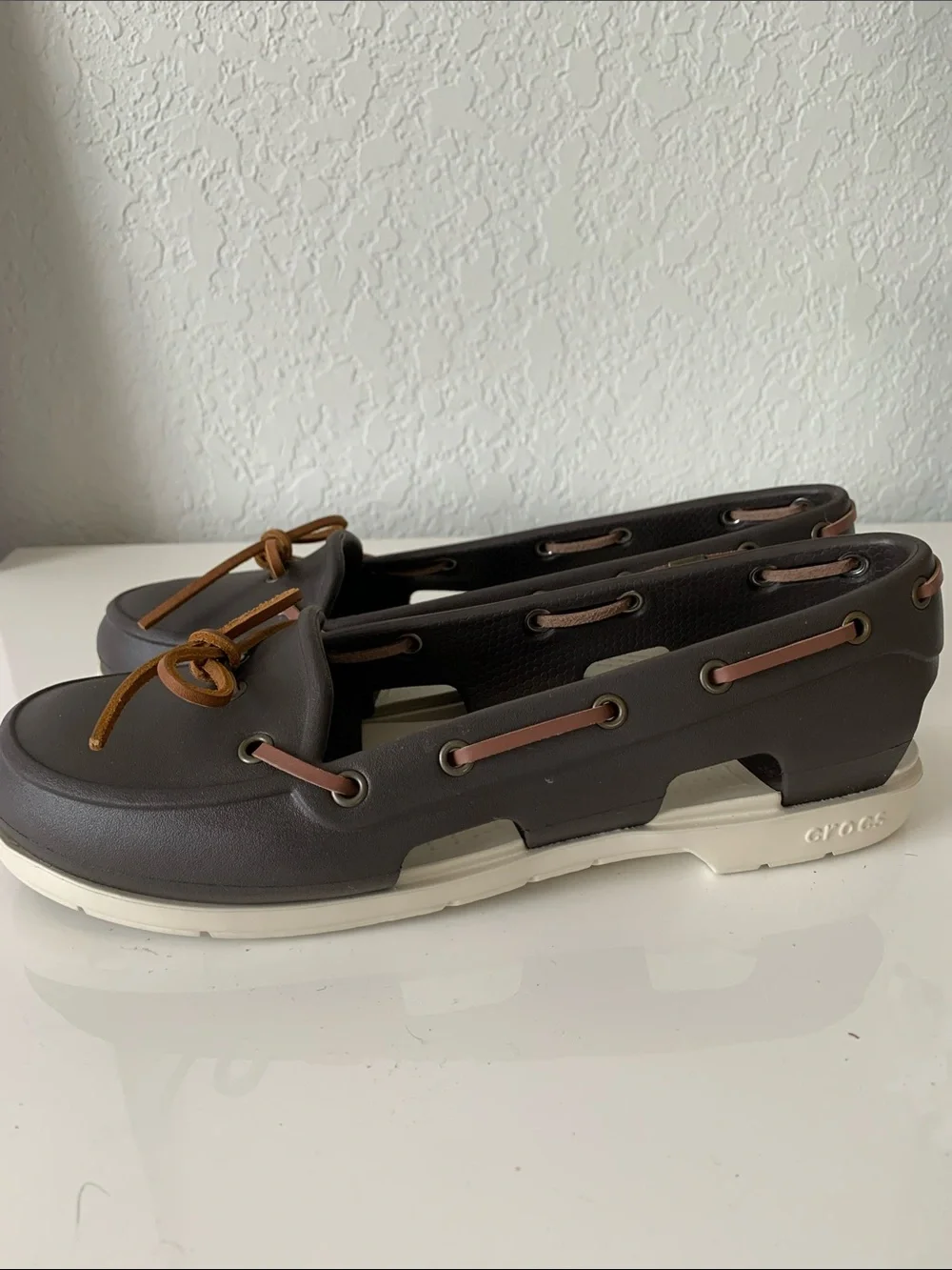 Crocs Women’s Brown Boat Slip On Sandal with Tan Laces Size 9